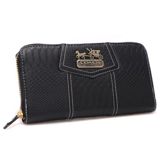 Coach Accordion Zip In Croc Embossed Large Black Wallets CCQ - Click Image to Close